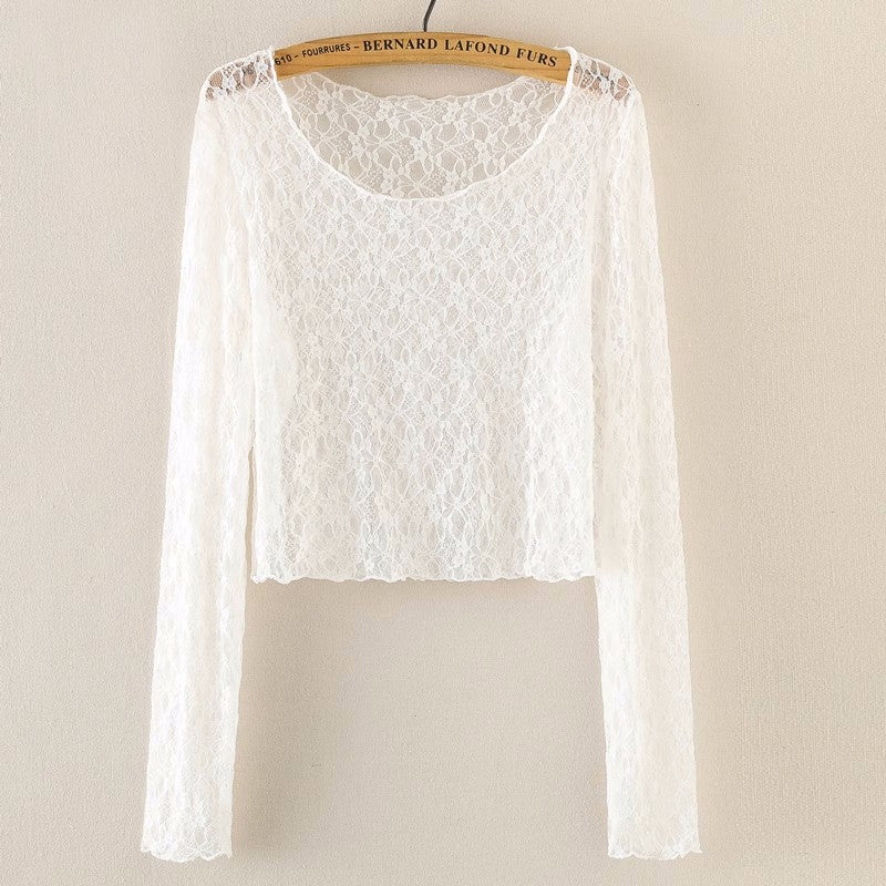 Big Neckline Long Sleeve Lace Stretch Slim Short Chic Crocheted Top