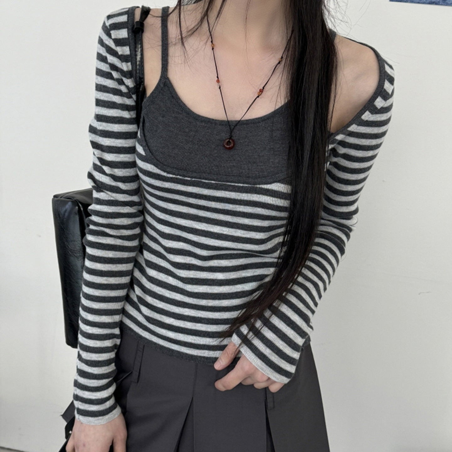 New Striped Sun-protective Long-sleeve Faux Two-piece Contrast-color T-shirt
