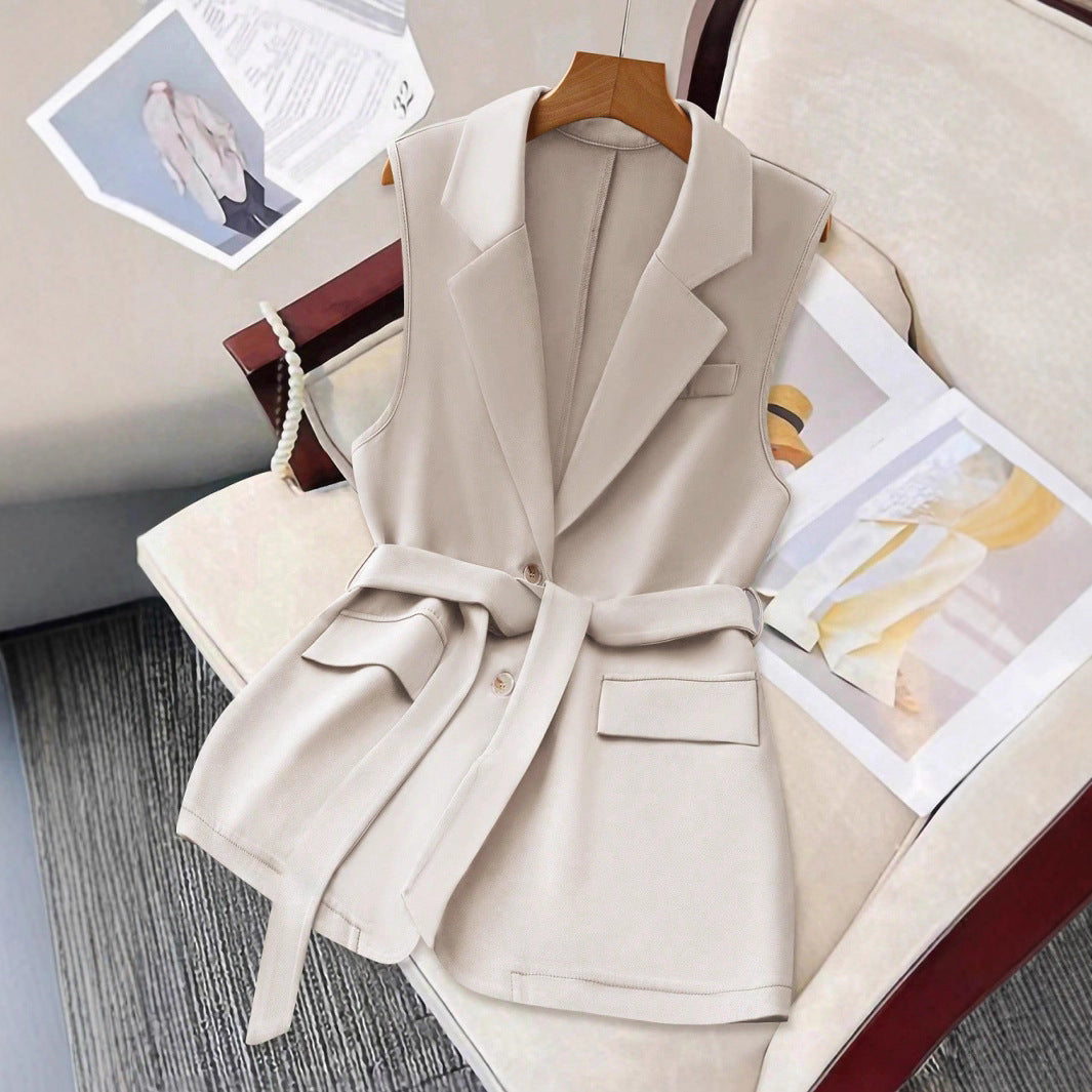 Spring New Arrival Womens Simple Solid-Color Belted Blazer Vest
