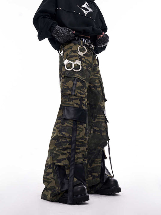 Retro Street Camouflage Slacks Leather Patchwork Multi-pocket