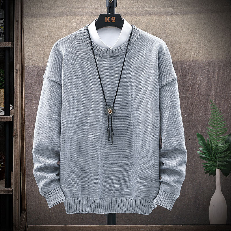 Men's New Casual Round Neck Brown Long-Sleeved Pullover Loose Sweater