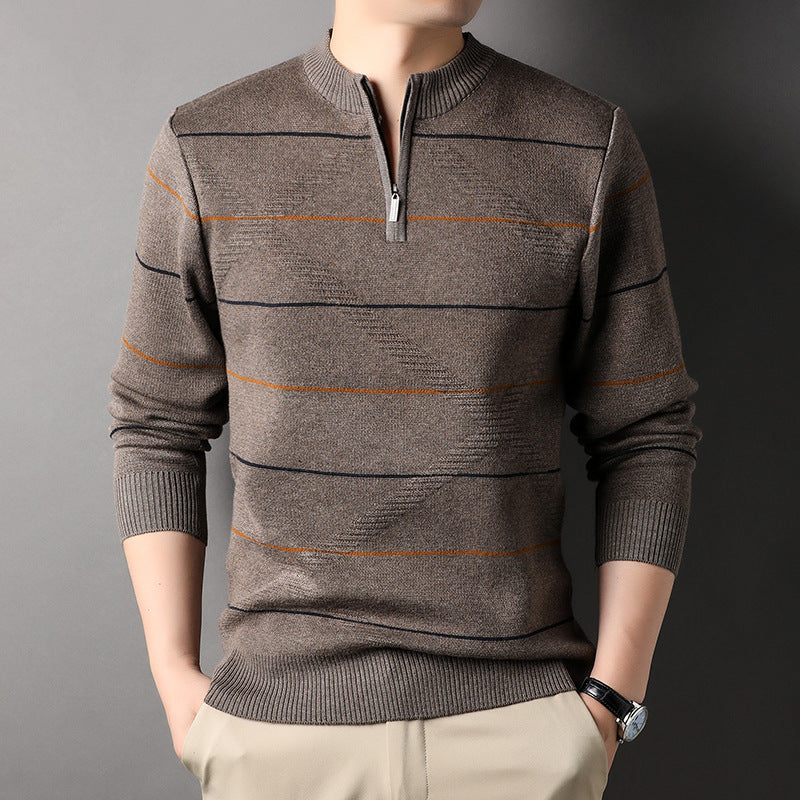 Zippered Mock-neck Knit Sweater With Striped Long Sleeves
