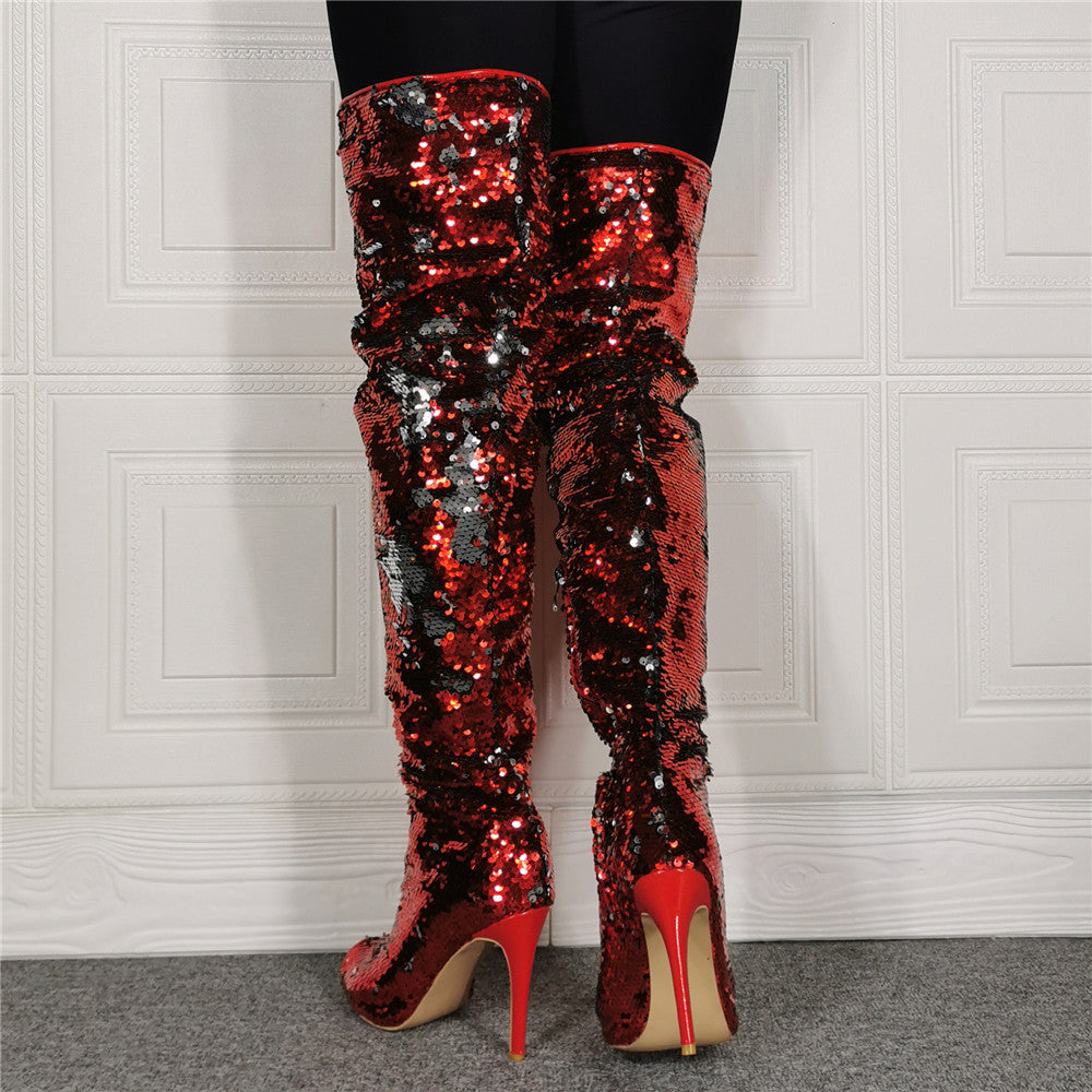 Women's Fashion Fish Mouth Sequin High Heel Over Knee Boots