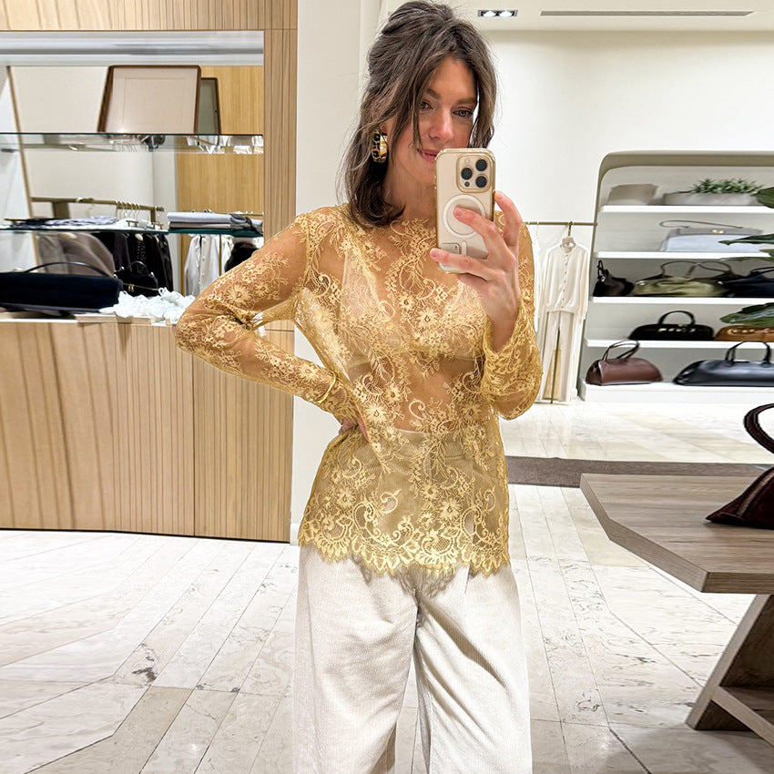 French-style Chic Sexy And Elegant T-shirt Sheer Solid-color Lace Top