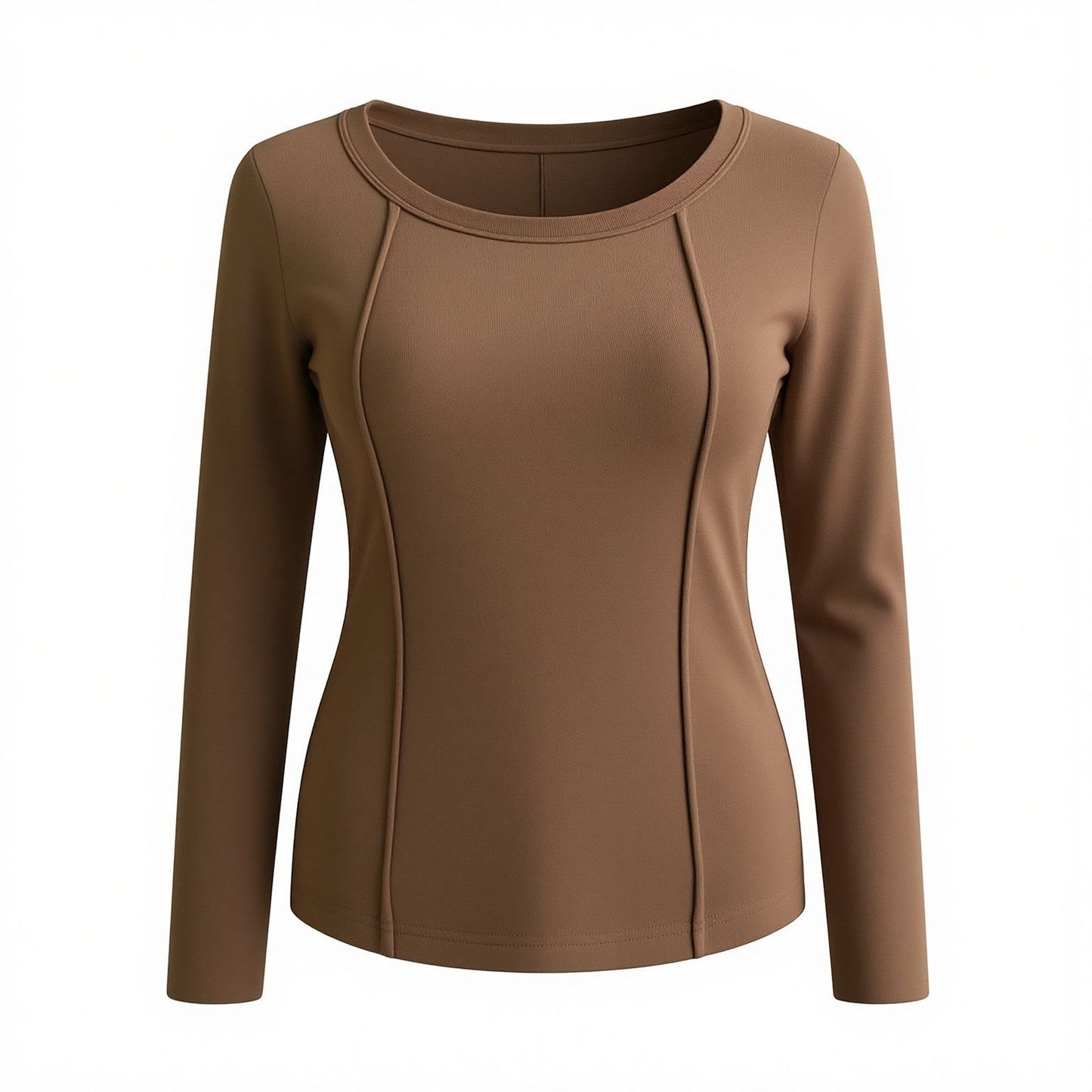 Brown Square Neck Fishbone Fleece Long Sleeve Slim Low Neck For Autumn And Winter