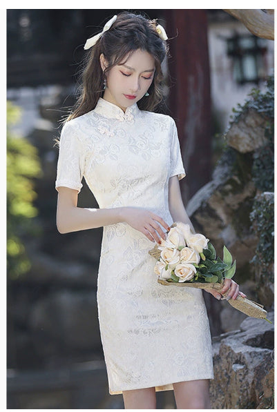 Elegant, High-end Short White Retro-modernized Cheongsam Dress