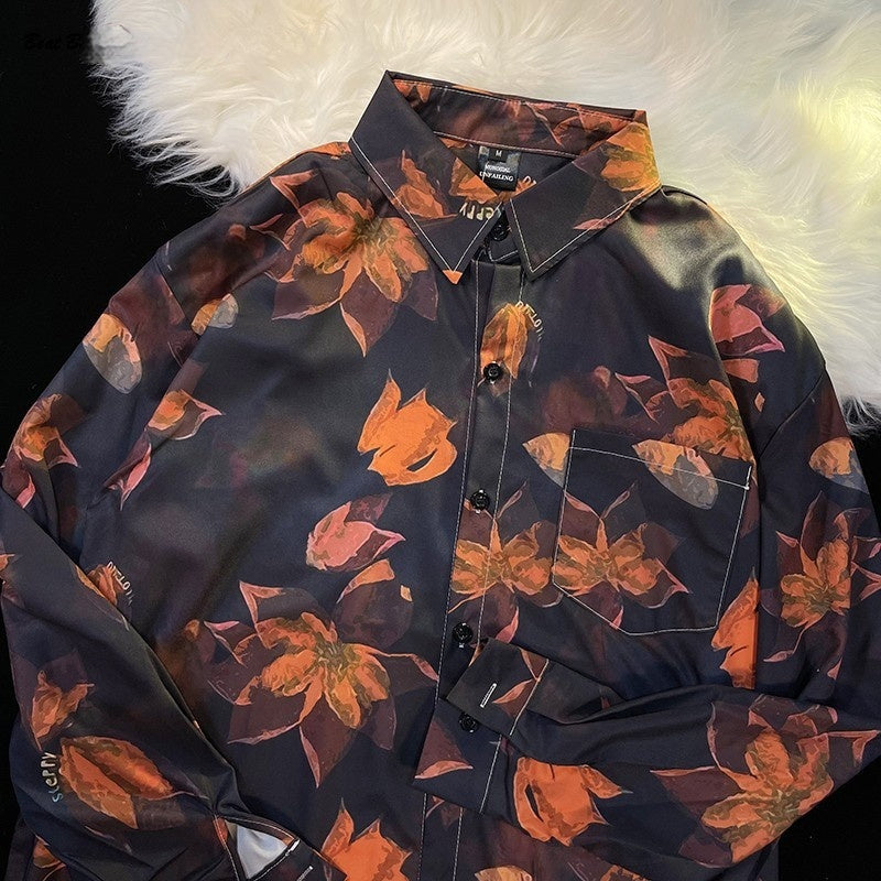 Pu Shuai Japanese-style Retro Hong Kong Style Printed Shirt Long Sleeve
