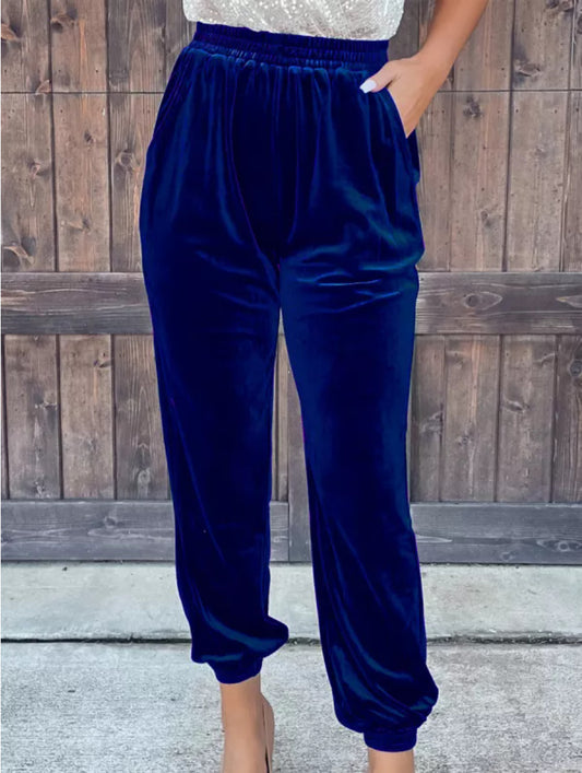 Women's Gold Velvet Trousers Straight Leg Elastic Waist Casual Pants