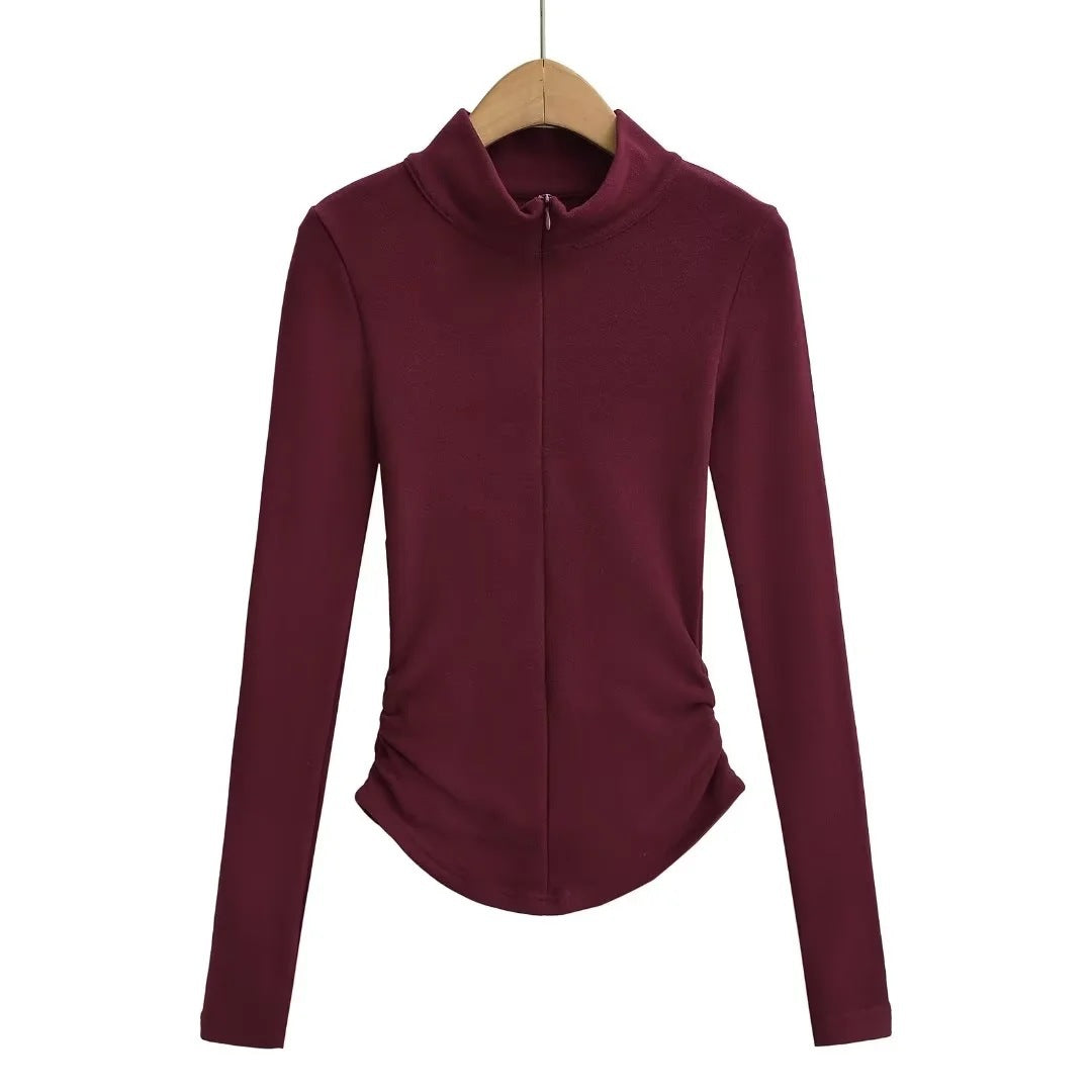High Collar Half Zipper Stretch Slim-fit Thin Velvet Long Sleeve