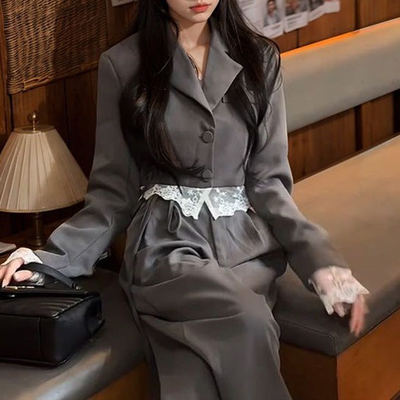New Stylish Lace-embellished Blazer And Pants Two-piece Set