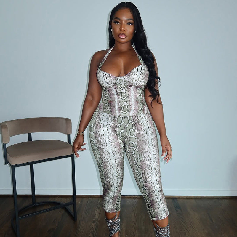 Womens Snake-Print Strappy Bodycon Jumpsuit