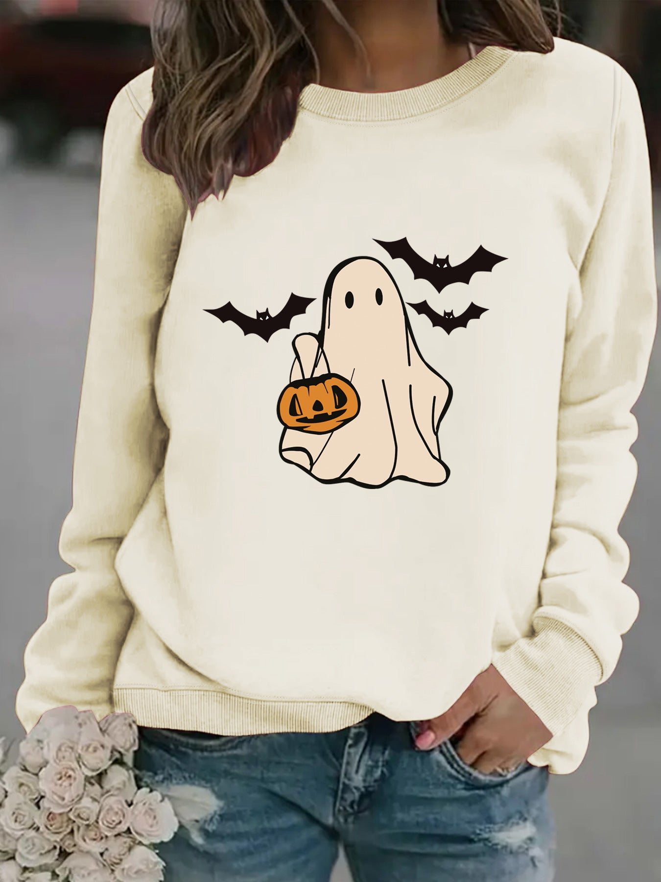 Halloween Casual Long Sleeve Round Neck Cartoon Ghost Print Pullover Sweater Sweatshirt