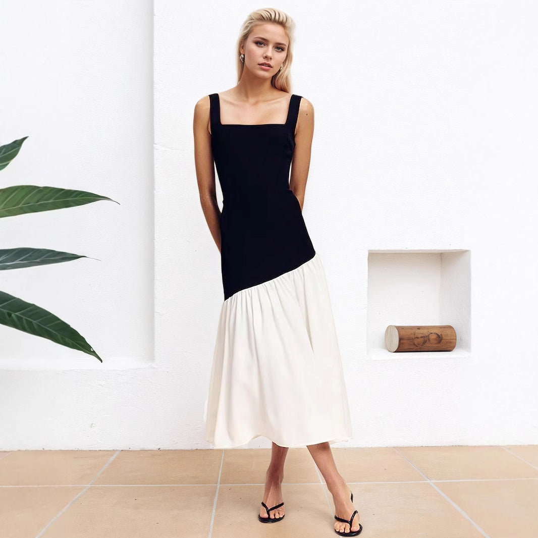 Color Block Dress Sleeveless Halter Neck Black And White Contrast Maxi Dress