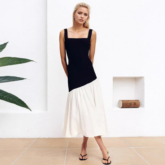 Color Block Dress Sleeveless Halter Neck Black And White Contrast Maxi Dress