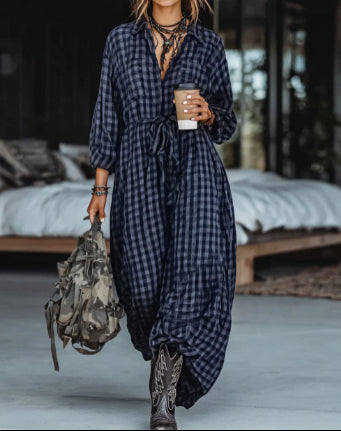 Japanese-style Retro Color-block Plaid Long-sleeve Dress