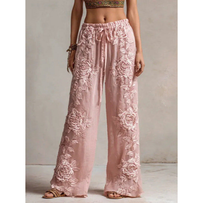 3D Floral Print Pattern Elegant Straight Women's Trousers