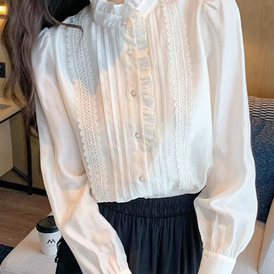 Womens Sophisticated Ruffle-Trim Long-Sleeve Stand-Collar Shirt