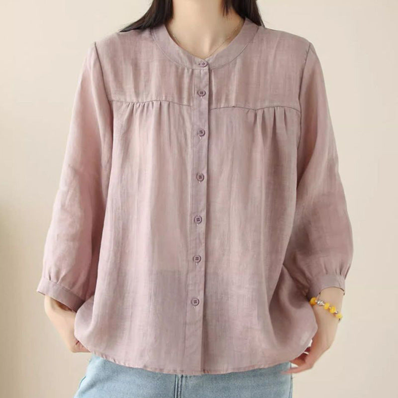 Simple Style Elegant Cotton And Linen Three-quarter Sleeve Stand Collar Shirt For Women