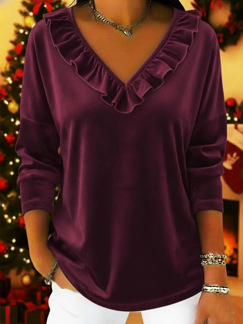Womens Stylish Solid-Color Long-Sleeve Top With Ruffled V-Neck