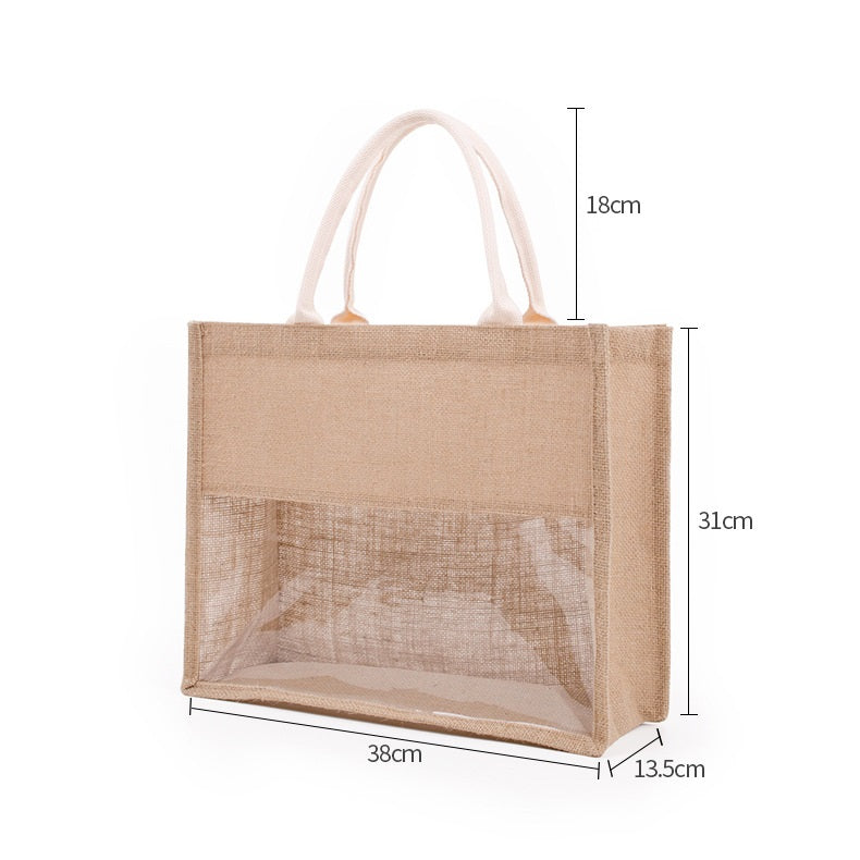Transparent Film Splicing Visual Shopping Large Capacity Portable Burlap Bag