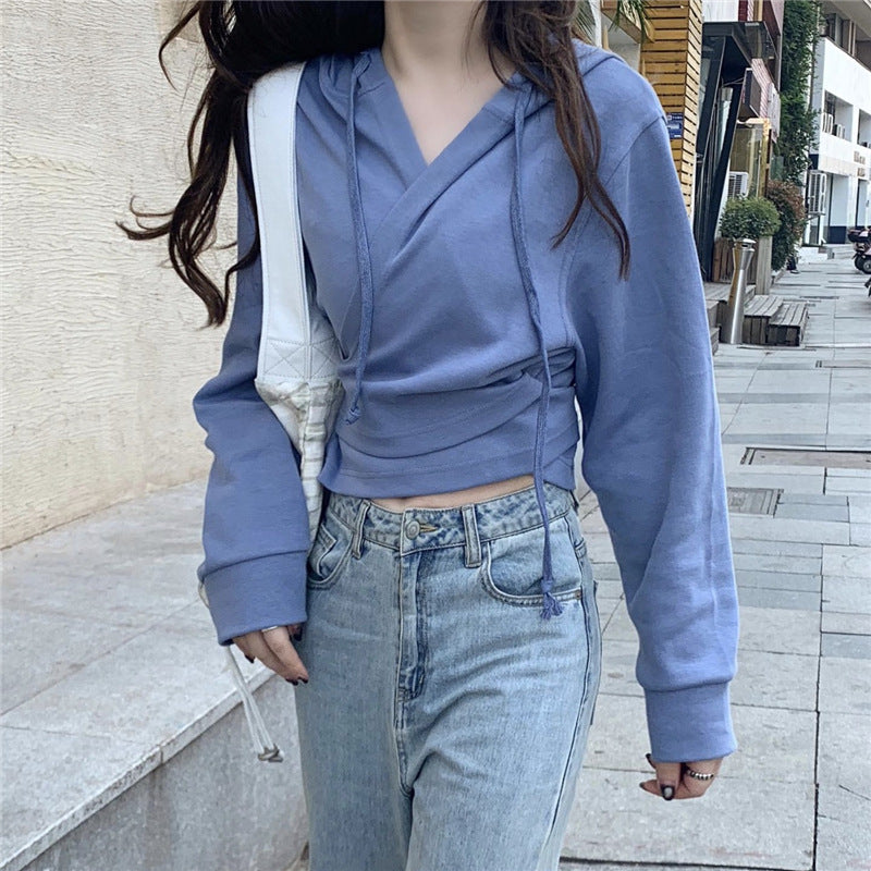 Nyt Fashion Ins Design Hættetrøje med Krydsrem og Kort Sweater