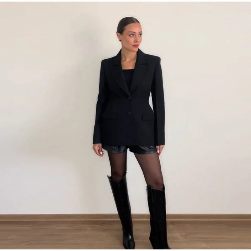 Women's Plus Size Suit Padded Shoulder Slim-fit Black Button Coat