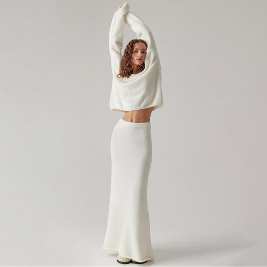 Simple Knitting V-neck Sweater Skirt Suit
