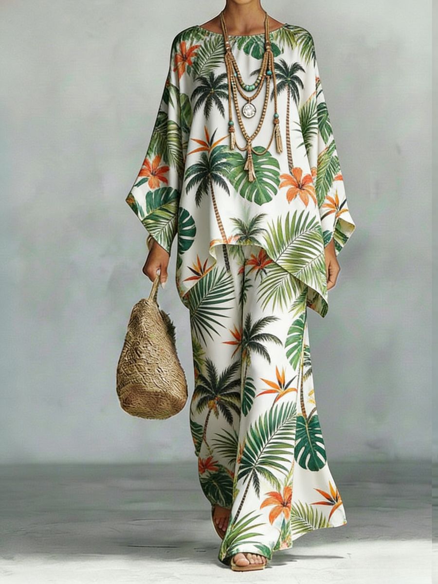 Women's Floral Print Linen Wide-Leg Two-Piece Set