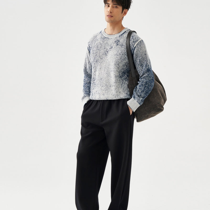 Mens Washed Fluffy Soft All-Cotton Blue-and-White Reverse-Print Sweater