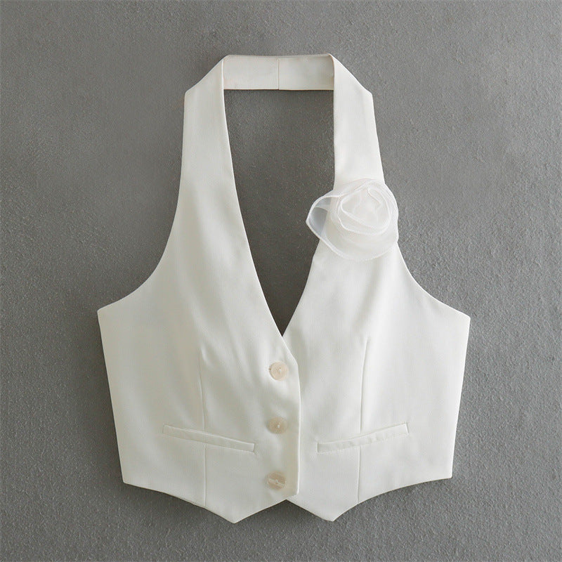 Trade Cross-border French Sexy Backless Flower Decoration Waistcoat Vest