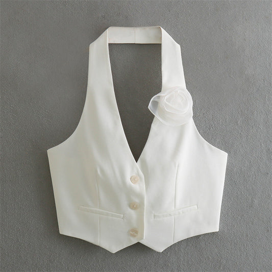 Trade Cross-border French Sexy Backless Flower Decoration Waistcoat Vest