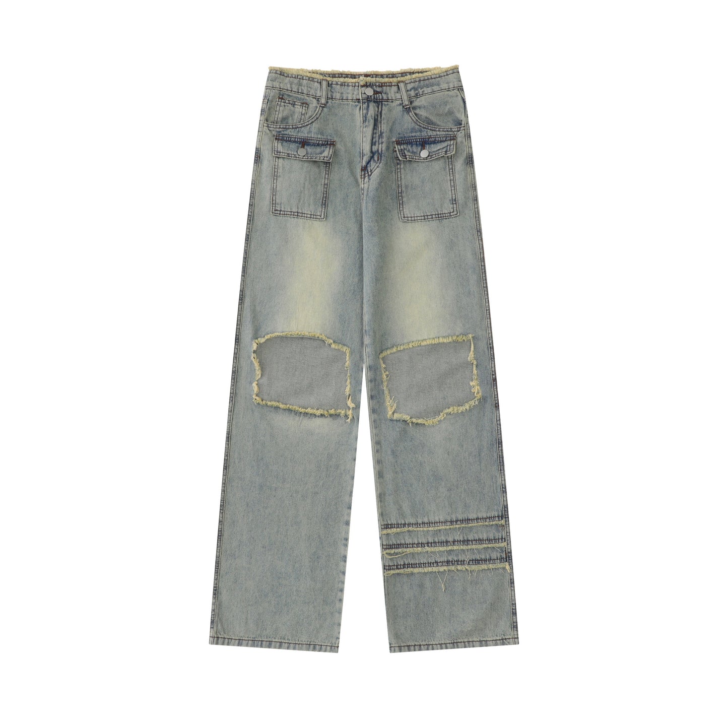 American-style Retro Straight Knee-exposed White Fashion Brand Ripped Jeans For Women