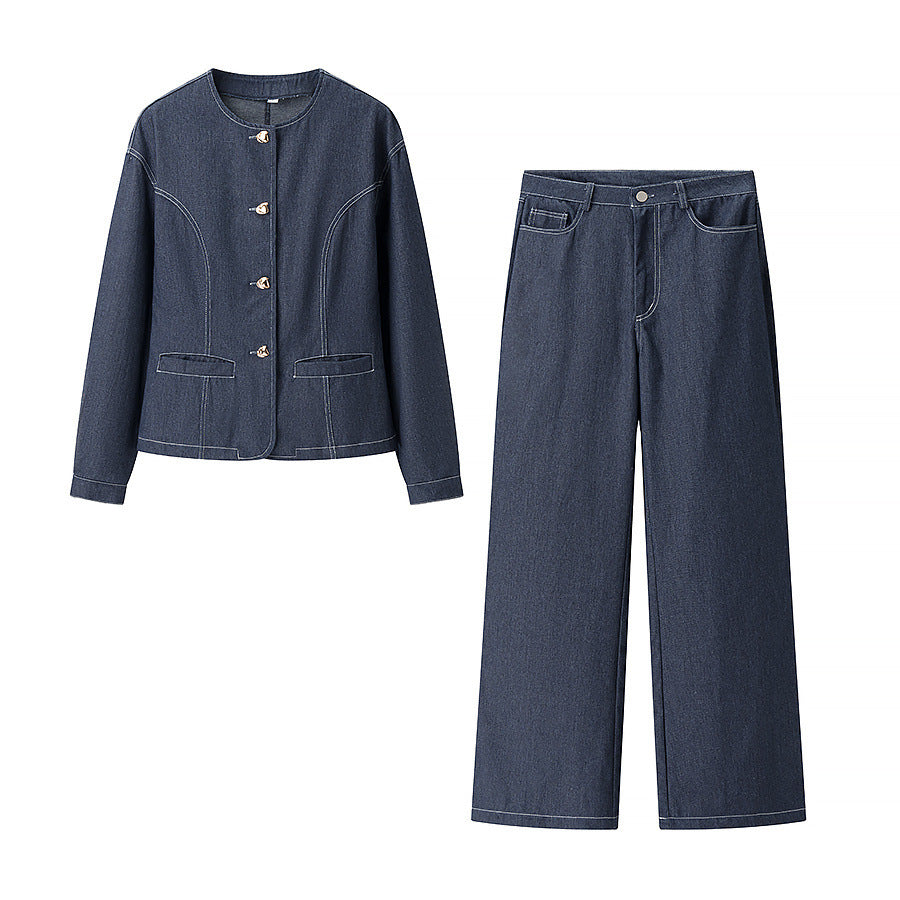 Women's Fashion Casual Round-neck Top High-waist Solid Color Pants Suit