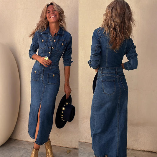 Moderigtig, casual, langærmet denim-midikjole med flere knapper