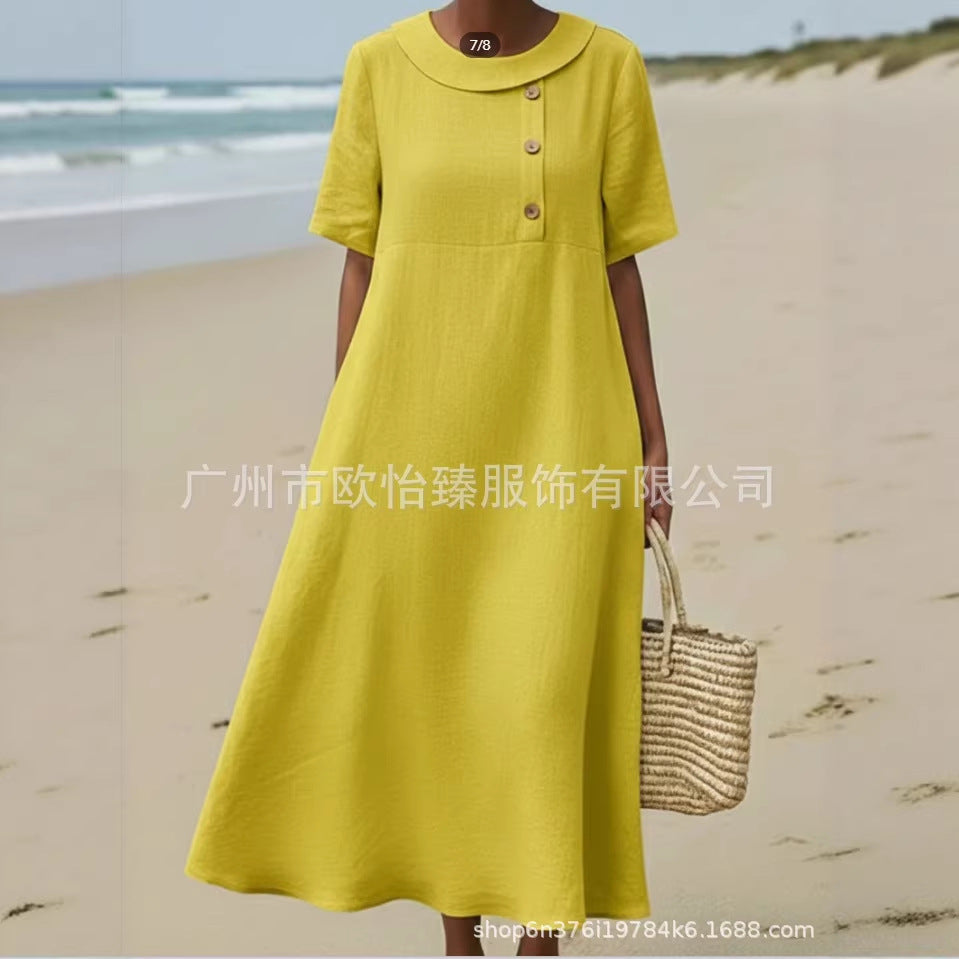 Solid-color Comfortable Crew-neck Loose-fitting Dress For Women