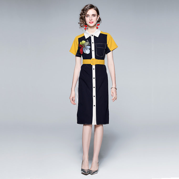 Printed Embroidery Lapel Short Sleeved Shirt Dress