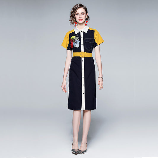 Printed Embroidery Lapel Short Sleeved Shirt Dress