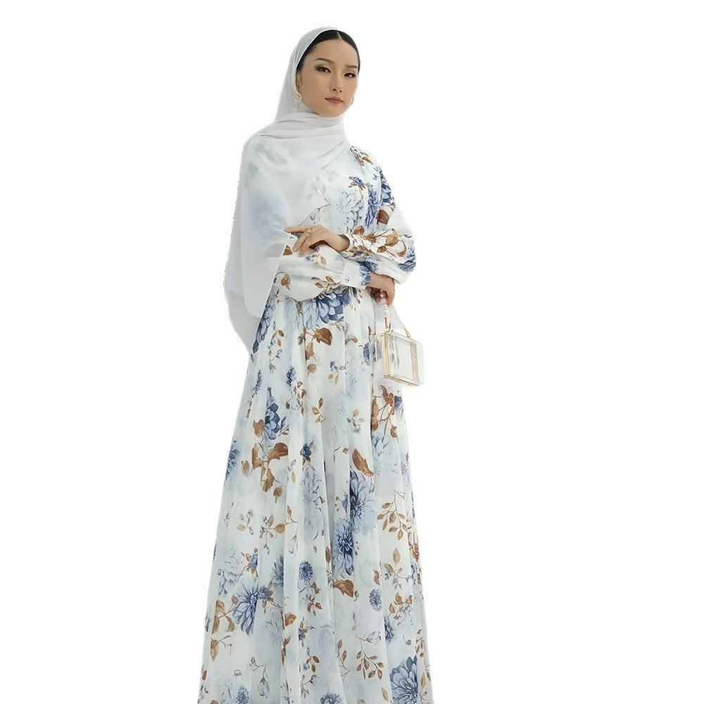 Crew-neck Floral-print Midi Dress With A Matching Belt For A Slimming Fit