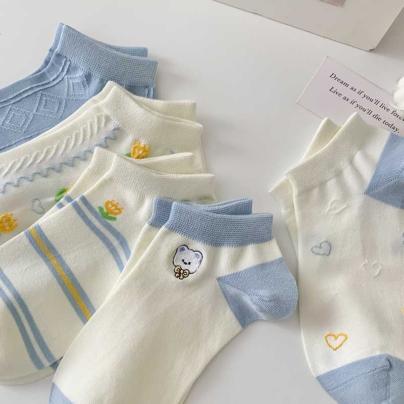 Shallow Mouth Socks Striped Embroidery Cartoon