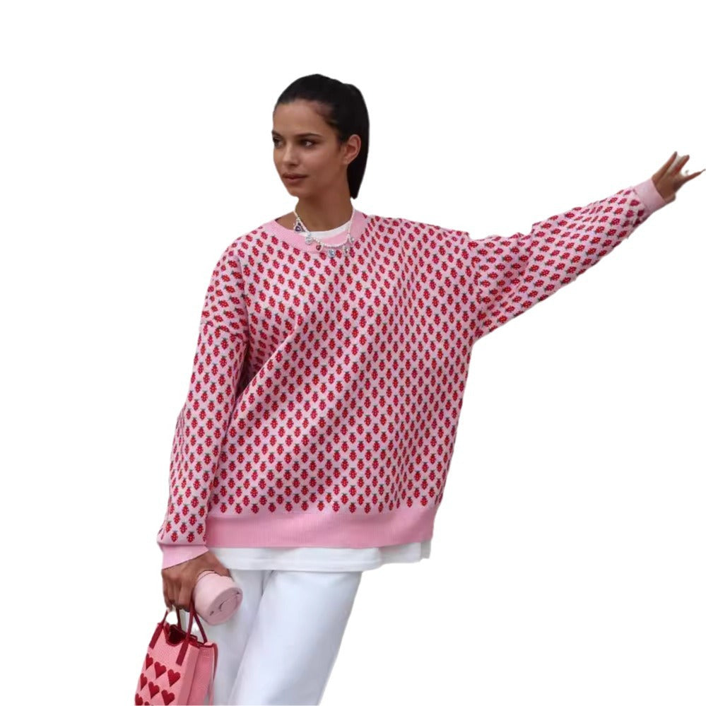 Leisure Pullover Strawberry Embroidery Contrast Color