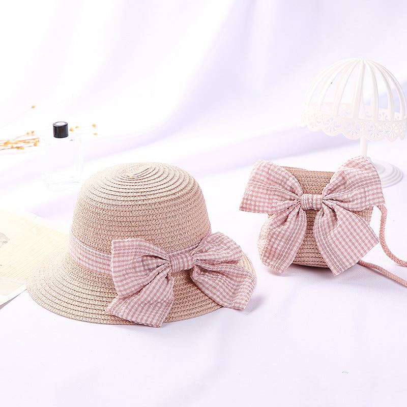 New Girls Big Bow Sun-proof Straw Hat Bag Set
