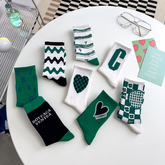 Green Women's Sports Stockings Japanese Big C Letter