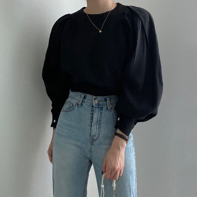 Women's Solid Color French Simplicity Round Neck Puff Sleeve Shirt