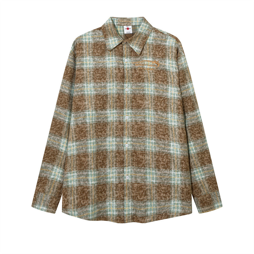 Color Matching Plaid Long Sleeve Shirt Men's Autumn Loose