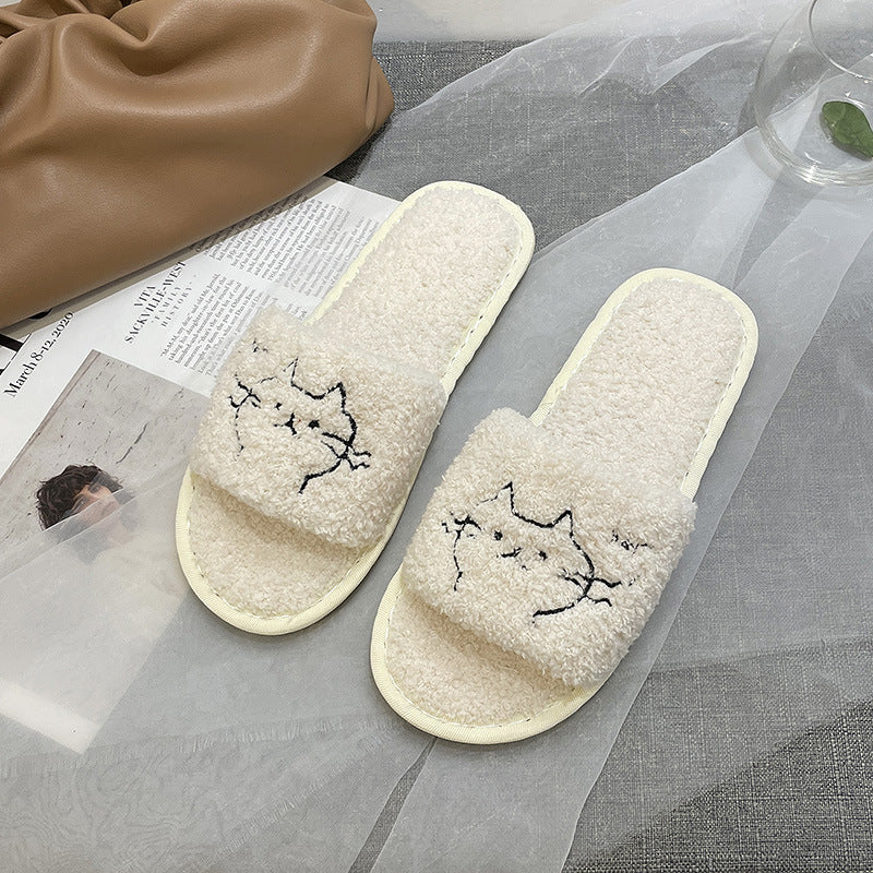 Hjemmesko til kvinder, med kat, flade, varme klipklappere