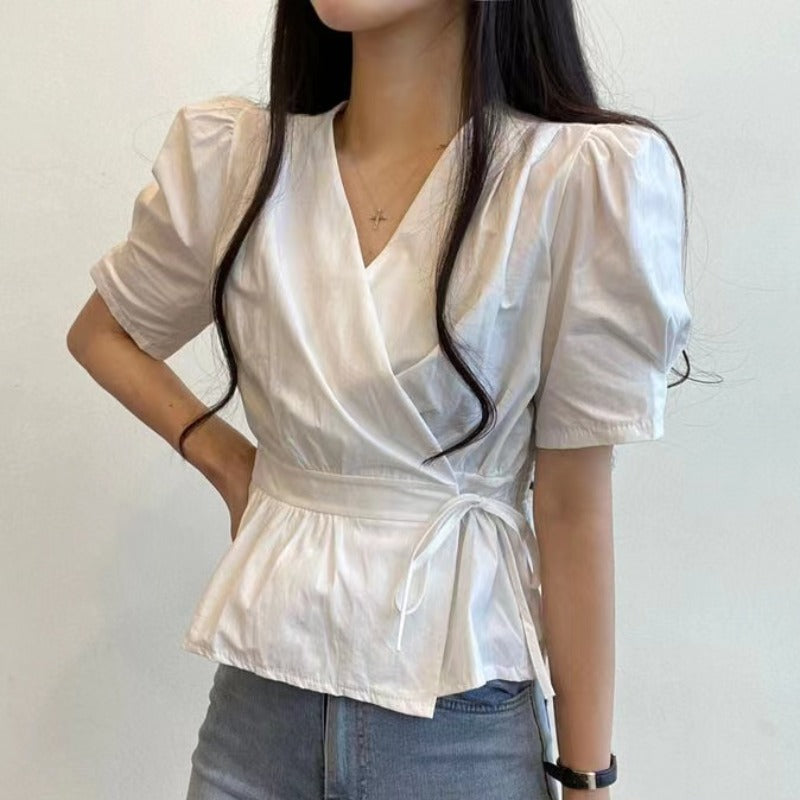 Simple Solid Color And V-neck Back Elastic Lace Waist Trimming Short Shirt For Women
