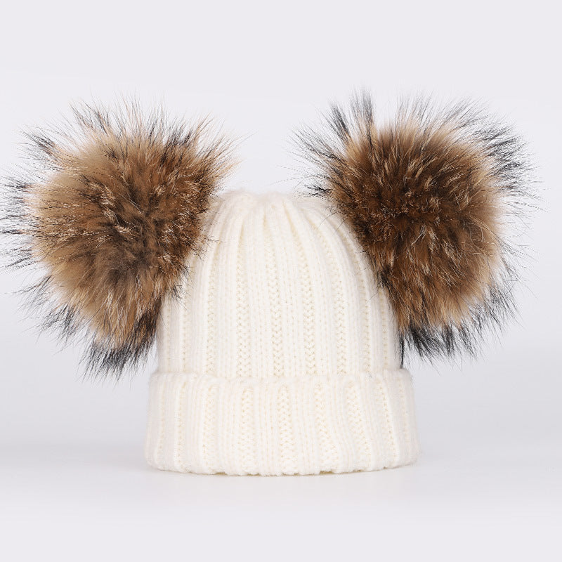 Men's And Women's Thickened Raccoon Fur Ball Knitted Ear  Set