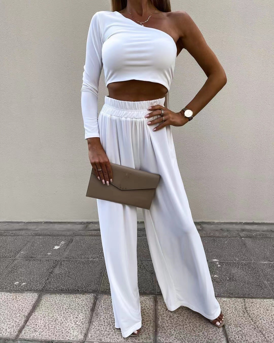 Solid Color One Shoulder Long Sleeve Pants Casual Suit Women