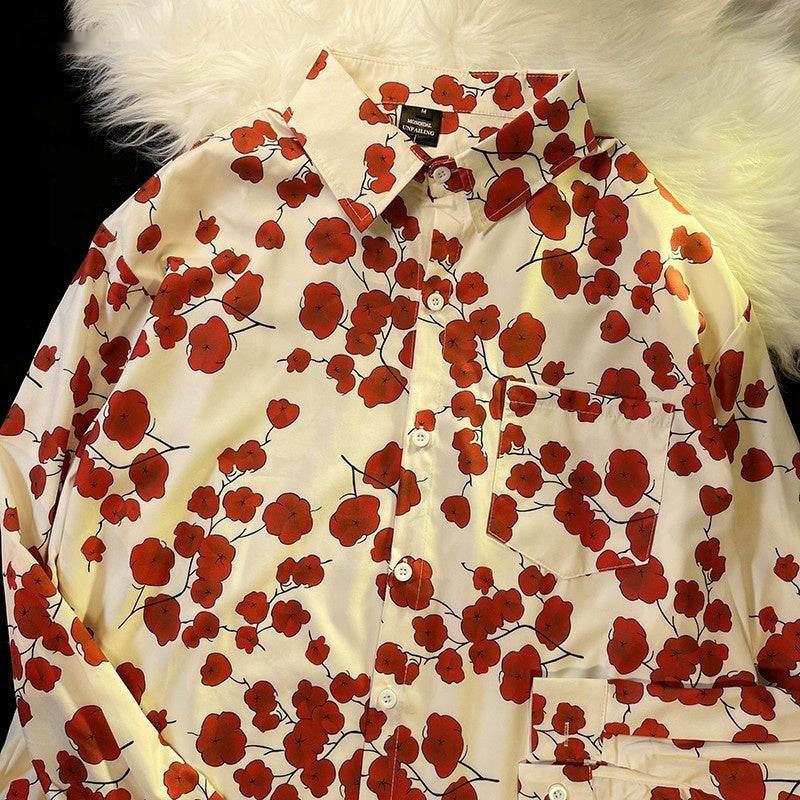 Hong Kong Style Printed Shirt Men's And Women's Loose Long Sleeves