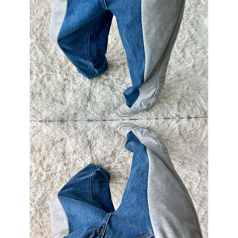 Contrast Color Stitching Wide Leg Women's High Waist Jeans